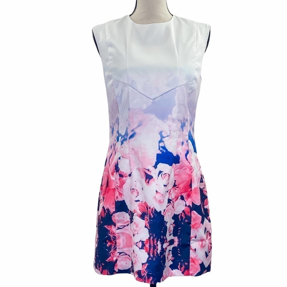 OMBRE White Floral Sleeveless Mini Sheath Dress